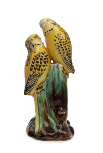 GRACE SECCOMBE pottery budgerigar statue, rare yellow colourway, incised "Grace Seccombe", 18cm high. Illustrated in "AUSTRALIAN ART POTTERY 1900-1950", by Fahy, Freeland, Free and Simpson [Casuarina Press, Syd. 2004], plate 436.