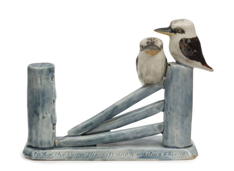 GRACE SECCOMBE pottery statue of two kookaburras on a fence, titled "To You The Open Sliprails And A waiting Friend", impressed stamp "Grace Seccombe", 10.5cm high, 13cm wide