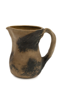 MERRIC BOYD pottery jug with windswept branch handle and painted decoration, incised "Merric Boyd, 1930", 16.5cm high, 17cm wide