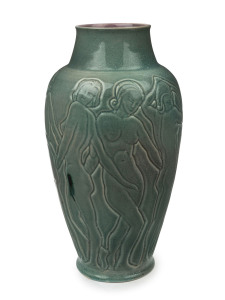 KLYTIE PATE pottery vase with stunning sgraffito decoration of dancing female nudes, green glazed with crystalline highlights and pink glazed interior, incised "Klytie Pate", 30cm high