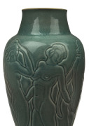 KLYTIE PATE pottery vase with stunning sgraffito decoration of dancing female nudes, green glazed with crystalline highlights and pink glazed interior, incised "Klytie Pate", 30cm high - 2