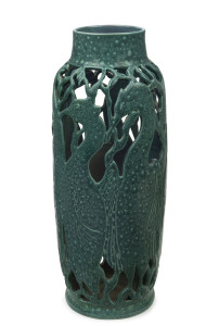 KLYTIE PATE tall pierced pottery vase with bird decoration glazed in green, incised "Klytie Pate, 1987", ​an impressive 42cm high