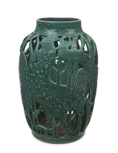 KLYTIE PATE pierced pottery vase with cockerel decoration glazed in green, incised "Klytie Pate, 1987", 28cm high