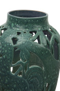 KLYTIE PATE pierced pottery vase with cockerel decoration glazed in green, incised "Klytie Pate, 1987", ​28cm high - 2