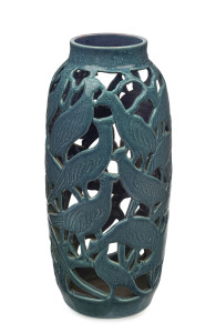 KLYTIE PATE pierced pottery vase with decoration glazed in mottled turquoise, incised "Klytie Pate, 1987", 33cm high
