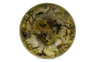 ARTHUR MERRIC BOYD & NEIL DOUGLAS stunning pottery fruit bowl with hand-painted kangaroos in landscape, titled "The Forester Of The Wallangunyah Ranges", signed "Neil Douglas" and incised "Arthur Merric Boyd, Australia", 10.5cm high, 30.5cm diameter