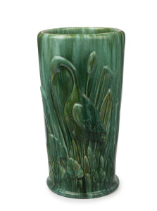 JOHN CAMPBELL green glazed pottery umbrella holder with bird decoration, incised "Campbell, Australia", 42cm high