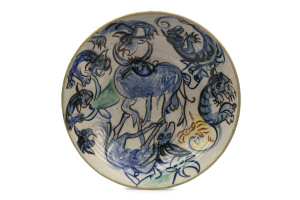 JOHN PERCEVAL & ARTHUR MERRIC BOYD stunning pottery fruit bowl with hand-painted buffalos and tigers, incised "Perceval, Arthur Merric Boyd", 8cm high, 33cm diameter. Provenance: Christies, Australia, Decorative Arts, May 1988, Lot 142.