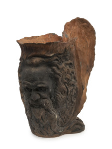 WILLIAM RICKETTS pottery vase with Aboriginal elders face and feather decoration, incised "Wm. Ricketts", 29cm high, 22cm wide