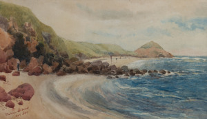 ARTIST UNKNOWN, Phillip Island, watercolour, titled, initialled "EEG" and dated "1897" lower left, 25.5 x 43.5cm. In original mount and frame which bears the stamp of the framer, W.J. Tiller, Melbourne. Tiller had won a Diploma of Merit for his frame mouldings at the 1885 Jubilee Exhibition, and exhibited his frames, mirrors and mouldings at the 1888 Melbourne Exhibition.
