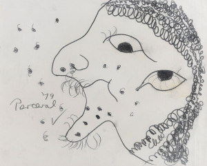 JOHN De BURGH PERCEVAL (1923-2000), Self portrait, pencil, signed "Perceval" and dated "79" at left, 40 x 49.5cm. Perceval's sketches and caricatures often challenged the conventional concept of beauty. In this case, the pimples or freckles seem to have been his primary focus, as they appear to have escaped the face, and are also floating in the air at left. One imagines he was having lots of fun at his sitter's expense.