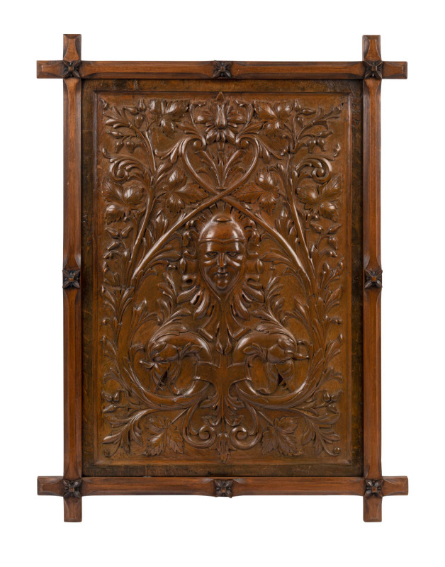 RUDOLPH W. UNGER (Germany, South Australia, 1846-927), carved panel in frame, circa 1900, Australian timbers, 84 x 64cm (overall). Unger arrived in Australia from Germany in 1883. He was in business with his sons in Adelaide between 1900 and 1904, and la