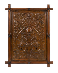 RUDOLPH W. UNGER (Germany, South Australia, 1846-927), carved panel in frame, circa 1900, Australian timbers, 84 x 64cm (overall). Unger arrived in Australia from Germany in 1883. He was in business with his sons in Adelaide between 1900 and 1904, and later on his own account until 1916. He is represented in the Art Gallery of South Australia, and a blackwood book chest incorporating a panel carved by him was presented to the Duke and Duchess of York in 1901. It is in the collection of the Stat