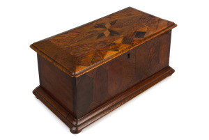WILLIAM NORRIE (New Zealand) jewellery box, handsomely inlaid with native New Zealand timbers including, totara, puriri, mottled kauri, kohekohe, pukatea, rewarewa, white maire and others. Interior fitted with two lift out trays with original red cloth lining, late 19th century. William Norrie, Shortland Street, Auckland, New Zealand was awarded a medal for excellence at the Sydney International Exhibition 1879. 21cm high, 43cm wide, 24cm deep