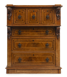 DAME NELLIE MELBA INTEREST. A superb antique Australian miniature chest of six drawers with cantilever top and finely carved rococo corbels, Australian cedar and celery pine with kauri pine and cedar secondary timbers, late 19th century. The piece is purported to have belonged to Melba and was part of the furnishings of COOMBE in the Yarra valley on the outskirts of Melbourne. An exceptional piece befitting the famed diva. 58cm high, 49cm wide, 34cm deep