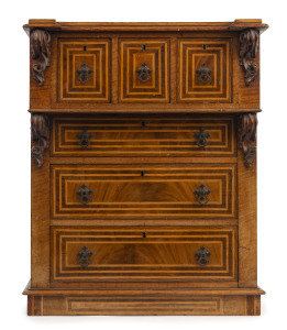 DAME NELLIE MELBA INTEREST. A superb antique Australian miniature chest of six drawers with cantilever top and finely carved rococo corbels, Australian cedar and celery pine with kauri pine and cedar secondary timbers, late 19th century. The piece is purp