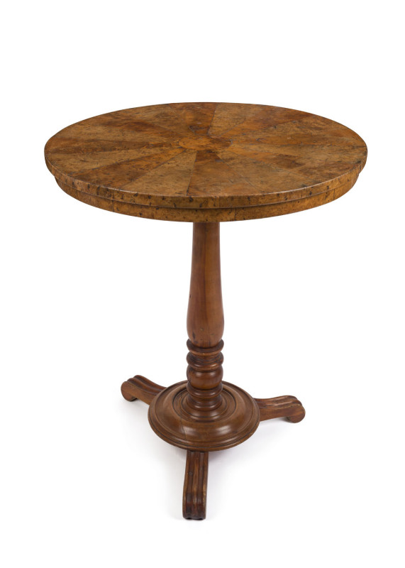 A Colonial Australian wine table with stunning segmented huon pine and musk veneered top, turned solid huon pine column and base, Tasmanian origin, early to mid 19th century. ​81cm high, 68cm diameter