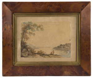 ARTIST UNKNOWN (Australian Colonial School, 19th century), (Fishing by the lake, Tasmania), watercolour, circa 1830s, in birdseye huon pine frame, 18 x 25cm (image); 48 x 45cm (overall).