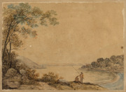 ARTIST UNKNOWN (Australian Colonial School, 19th century), (Fishing by the lake, Tasmania), watercolour, circa 1830s, in birdseye huon pine frame, 18 x 25cm (image); 48 x 45cm (overall). - 2