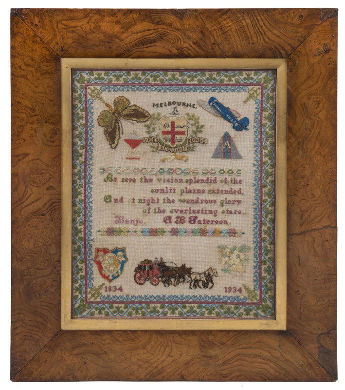 A most unusual 1934 Melbourne Centenary sampler, with a verse from Banjo Paterson, a Cobb & Co coach, the winning aeroplane from the MacRobertson Air Race, the Melbourne coat of arms, etc., attractively displayed in a Tasmanian musk frame (circa 1830s). 5