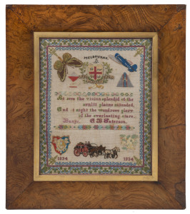 A most unusual 1934 Melbourne Centenary sampler, with a verse from Banjo Paterson, a Cobb & Co coach, the winning aeroplane from the MacRobertson Air Race, the Melbourne coat of arms, etc., attractively displayed in a Tasmanian musk frame (circa 1830s). 53.5 x 46cm overall