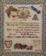 A most unusual 1934 Melbourne Centenary sampler, with a verse from Banjo Paterson, a Cobb & Co coach, the winning aeroplane from the MacRobertson Air Race, the Melbourne coat of arms, etc., attractively displayed in a Tasmanian musk frame (circa 1830s). 5 - 2