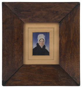 ARTIST UNKNOWN (19th century), Miniature portrait of a lady, circa 1820s, watercolour on bone, in contemporary oak frame, overall 20 x 18.5cm.