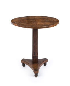 A Colonial Australian wine table, solid huon pine top with blackwood column and feet and pine platform base, Tasmanian origin, circa 1820. 73cm high, 59cm diameter Accompanied by a hand-written note advising that the table was made by Michael Barr, around 1820. The table remained with the Barr family in Tasmania, until the 1950s, when they moved to Gippsland.
