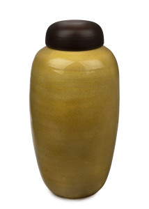 ALLAN LOWE yellow glazed studio pottery vase with brown lid, incised "Allan Lowe", 38cm high.The National Gallery of Australia holds a very similar piece by Lowe.