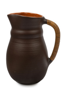 ALLAN LOWE brown glazed studio pottery jug with rattan handle, incised "Allan Lowe", 28cm high