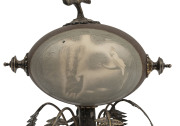 An Australian emu egg centrepiece with carved cockatoo and lyre bird decoration in silver plated mounts adorned with kangaroos, emus and ferns, late 19th century, 26cm high - 2