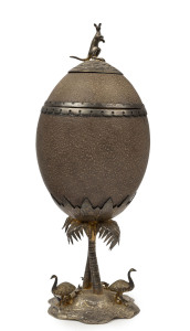 An impressive Australiana sterling silver and emu egg cup and cover, adorned with emus, fern fronds and kangaroo finial, 19th century, interior lined with silk, marked "G. F." London, 1882, 25.5cm high