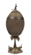 An impressive Australiana sterling silver and emu egg cup and cover, adorned with emus, fern fronds and kangaroo finial, 19th century, interior lined with silk, marked "G. F." London, 1882, 25.5cm high