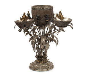 EDWARD FISCHER, GEELONG (attributed) impressive Colonial sterling silver and emu egg centrepiece adorned with numerous Aboriginal figures entwined in foliate design with gilded highlights, 19th century. 27cm high, 27cm wide PROVENANCE: Christie's Auction