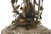 EDWARD FISCHER, GEELONG (attributed) impressive Colonial sterling silver and emu egg centrepiece adorned with numerous Aboriginal figures entwined in foliate design with gilded highlights, 19th century. 27cm high, 27cm wide PROVENANCE: Christie's Auction - 3