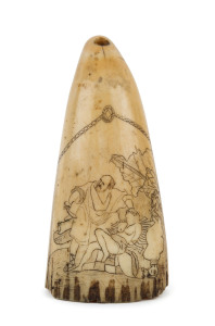 TABUA scrimshaw whale's tooth, 19th century. An unusual combination of a Fijian chieftain's whale tooth pendant that has been souvenired by a sailor and decorated at some later point with biblical scene of Abraham about to sacrifice Isaac. A rare example. 12cm high
