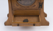 ROBERT PRENZEL (attributed), rare Australian Art Nouveau mantel clock, early 20th century. Shallow stepped inverted bell top case supported on full height sabre pilasters terminating in out swept feet, marquetry inlaid black bean dial with maple inlaid Ar - 2