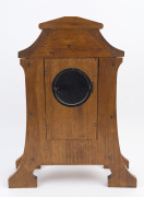 ROBERT PRENZEL (attributed), rare Australian Art Nouveau mantel clock, early 20th century. Shallow stepped inverted bell top case supported on full height sabre pilasters terminating in out swept feet, marquetry inlaid black bean dial with maple inlaid Ar - 3