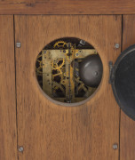 ROBERT PRENZEL (attributed), rare Australian Art Nouveau mantel clock, early 20th century. Shallow stepped inverted bell top case supported on full height sabre pilasters terminating in out swept feet, marquetry inlaid black bean dial with maple inlaid Ar - 4