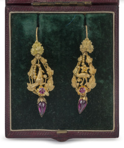 A superb pair of Colonial earrings, 18ct yellow gold with kangaroo and emu in foliate design set with cabochon rubies, housed in a period plush fitted box, 19th century, 5cm high