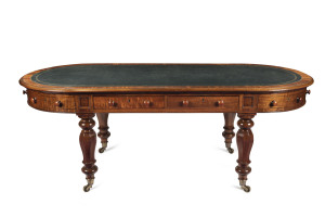 ALTMANN & LINDSAY (Flinders Lane, Melbourne), impressive Colonial D-end library table, attractively fitted with drawers and octagonal faceted baluster legs, Australian cedar with tooled leather top, origin, Victoria, circa 1860. 77cm high, 118cm wide, 90cm deep