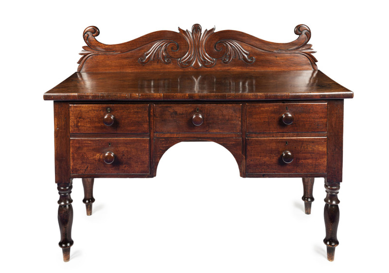 An early Colonial Australian cedar sideboard with Thomas Hope scroll back, cross banded edge and inverted baluster ring turned legs, Tasmanian origin, circa 1835. A superb example. 120cm high, 155cm wide, 64cm deep