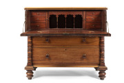 A rare Colonial secretaire chest of drawers, unusual flame cedar frieze with half turned bobbin columns and squat bun feet, Tasmanian origin, circa 1840, 106cm high, 121cm wide, 60.5cm deep - 2