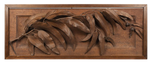 JOHN KENDRICK BLOGG stunning Australiana panel depicting a naturalistic eucalyptus branch, superbly carved in high relief, signed and dated "John K. Blogg, 1924". Museum quality. A Tour de Force of Australian craftsmanship. One of the finest examples in private hands. 48 x 121cm.