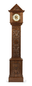 ROBERT PRENZEL rare longcase clock, carved Queensland black bean in the Gothic style with dated cartouche "1898", imported German movement, maker's stamp to the reverse of the pediment "TREEDE & PRENZEL, SOUTH MELBOURNE", 207cm high, 37cm wide, 16cm deep