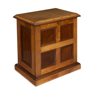 An antique Australian tabletop cabinet with removeable panelled front, huon pine and cedar, 19th century, interior fitted with six compartments, 45cm high, 42cm wide, 31cm deep