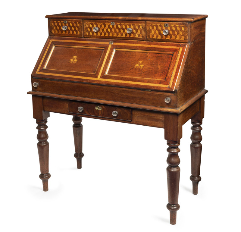 An antique bureau desk, cedar with inlaid tumbling box motif and original glass handles, Barossa Valley, South Australian origin, circa 1870, 126cm high, 112cm wide, 56cm deep