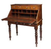 An antique bureau desk, cedar with inlaid tumbling box motif and original glass handles, Barossa Valley, South Australian origin, circa 1870, 126cm high, 112cm wide, 56cm deep - 2