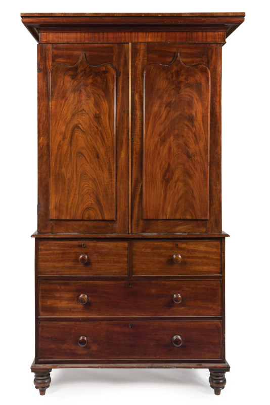 An early Colonial Gentleman's linen press on chest, full cedar construction with shield doors and cock beaded drawers, Tasmanian origin, circa 1840, (missing slides), 224cm high, 140cm wide, 62cm deep