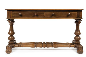 ANDREW LENEHAN Colonial Australian cedar hall table with two drawers and double turned stretcher base, Sydney, New South Wales, mid 19th century. Bearing original circular paper label "A. Lenehan's Cabinet and Upholstery Establishment, 179 Castlereagh Street, Sydney", 78cm high, 136cm wide, 57cm deep